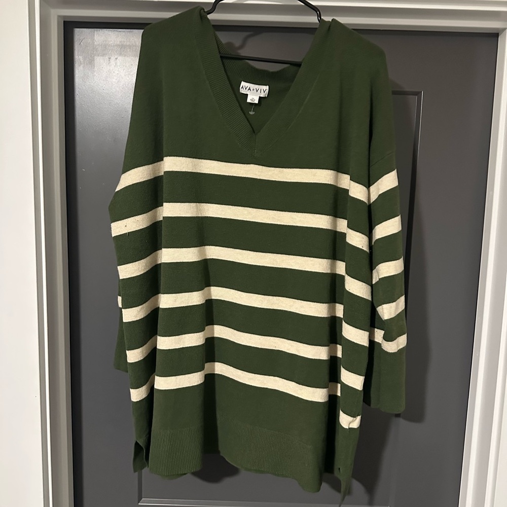 Ava & Viv Olive and Cream V-Neck Sweater